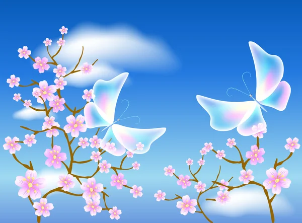 Sakura fleur et papillons transparents — Image vectorielle