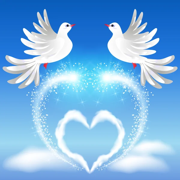 Dwa gołębie w niebo i serce — Wektor stockowy