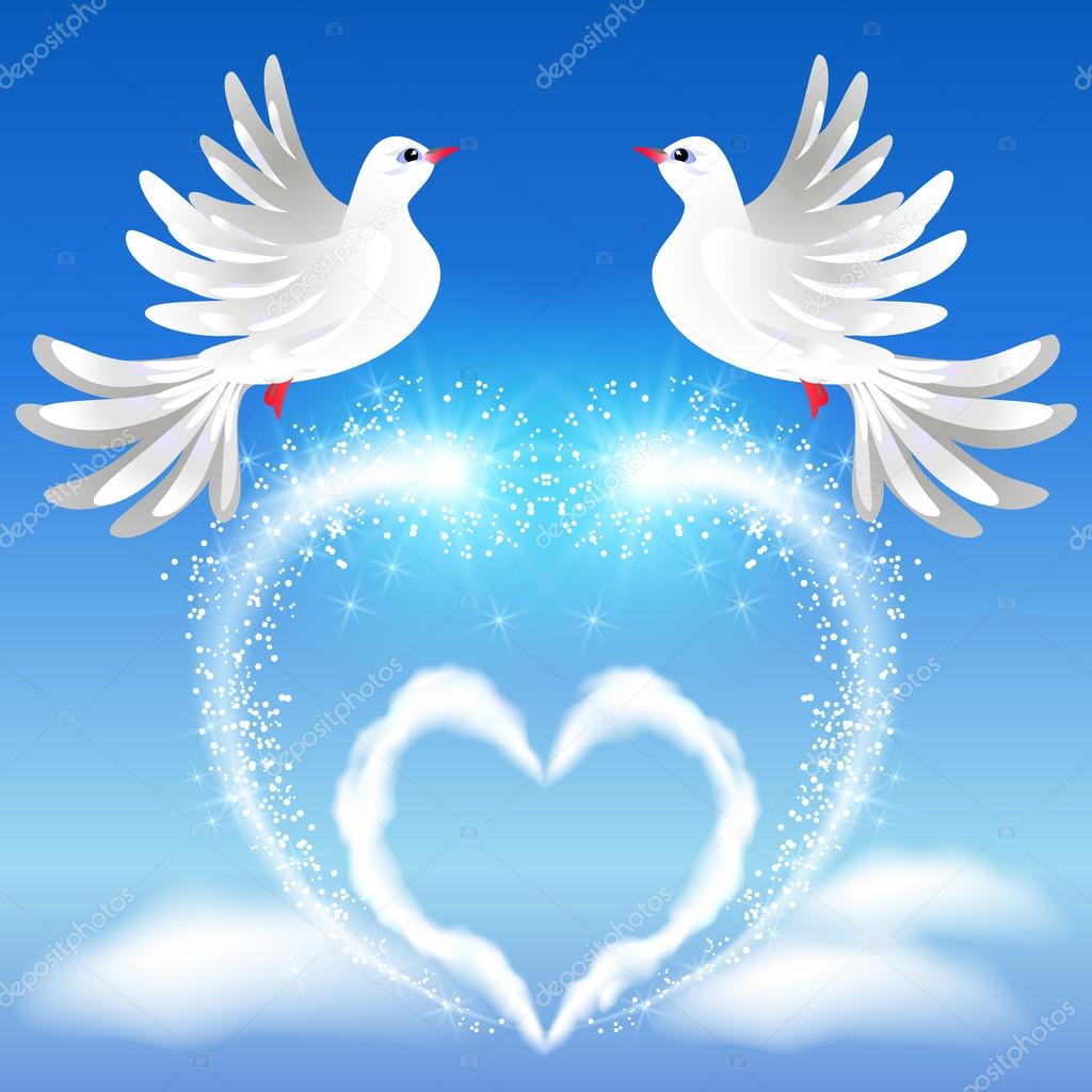 Two doves in the sky and heart