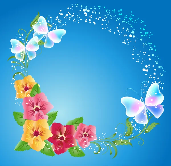 Pansies and transparent butterflies — Stock Vector