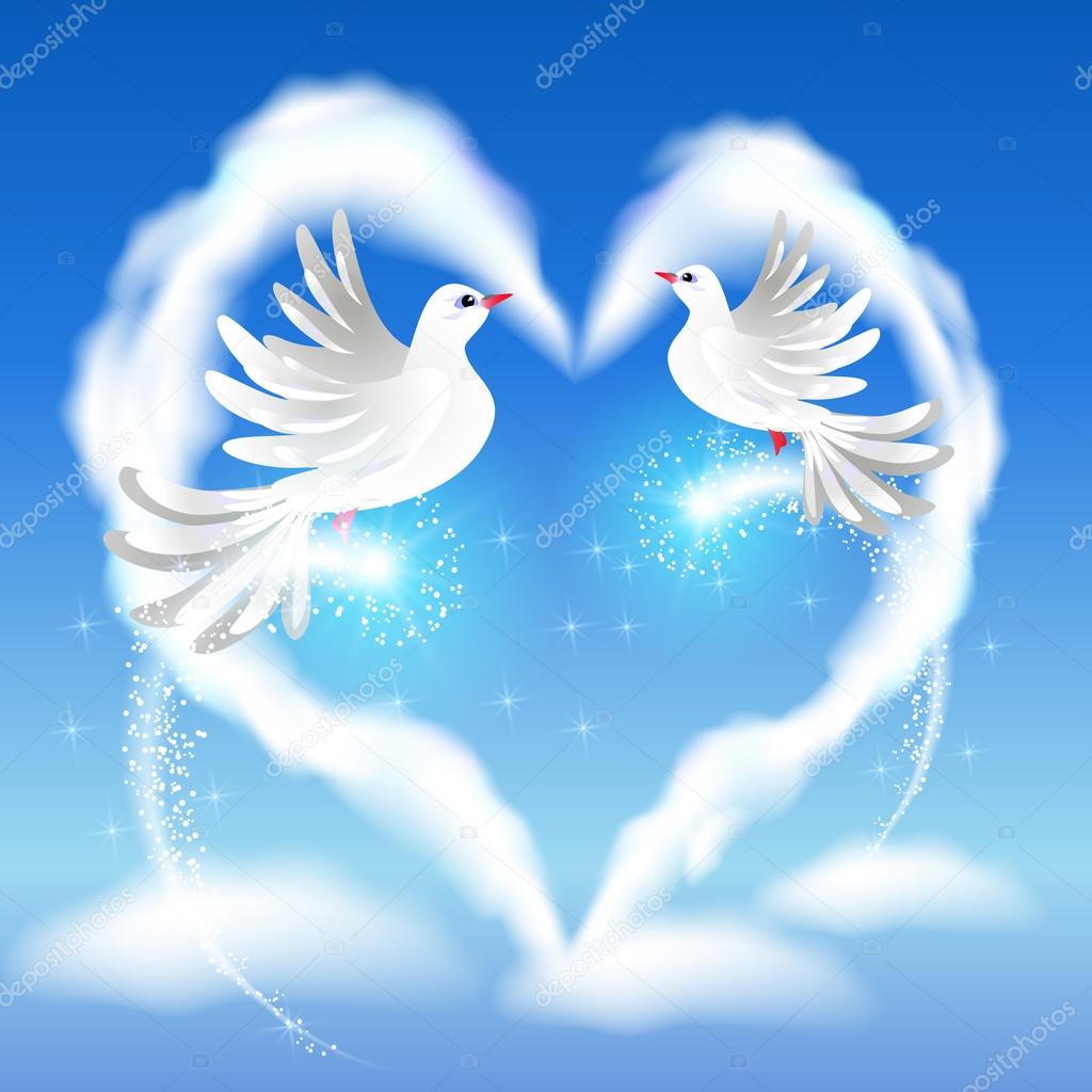 Two doves in the sky and heart