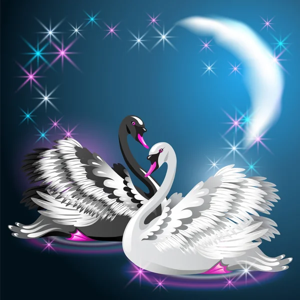 Dos cisnes nadan por la noche bajo la luna y estrellas brillantes — Vector de stock