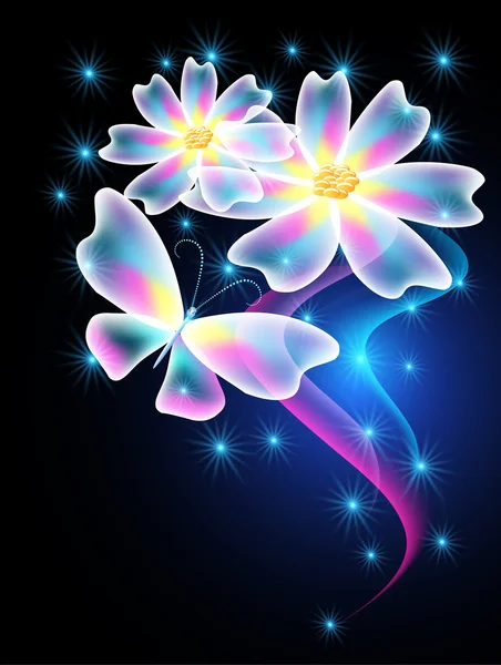 Neon butterflies and daisy — Stock Vector