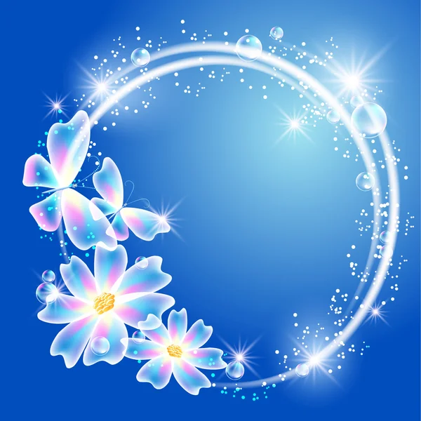 Mariposas transparentes, flores y estrellas brillantes — Vector de stock