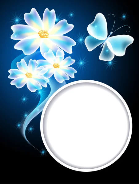 Прозорі метелики, квіти і біла рамка — стоковий вектор