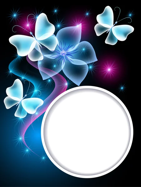 Transparent butterflies, flower and white frame — Stock Vector