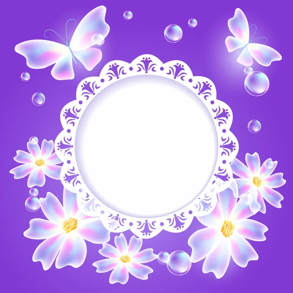 Transparent butterflies, flowers and openwork frame — Stock Vector