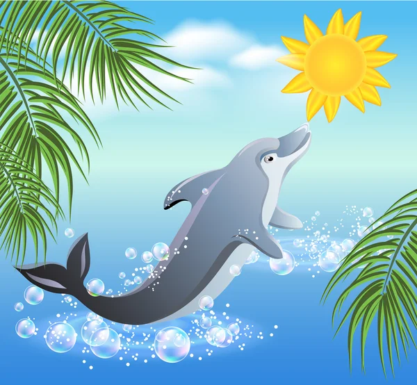 Delfines y sol — Vector de stock