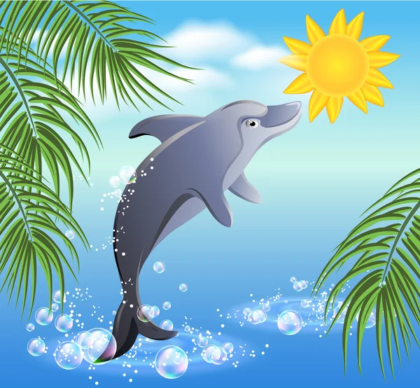 Delfines y sol — Vector de stock