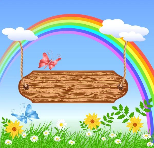 Wooden signboard hanging on rainbow — Stock Vector