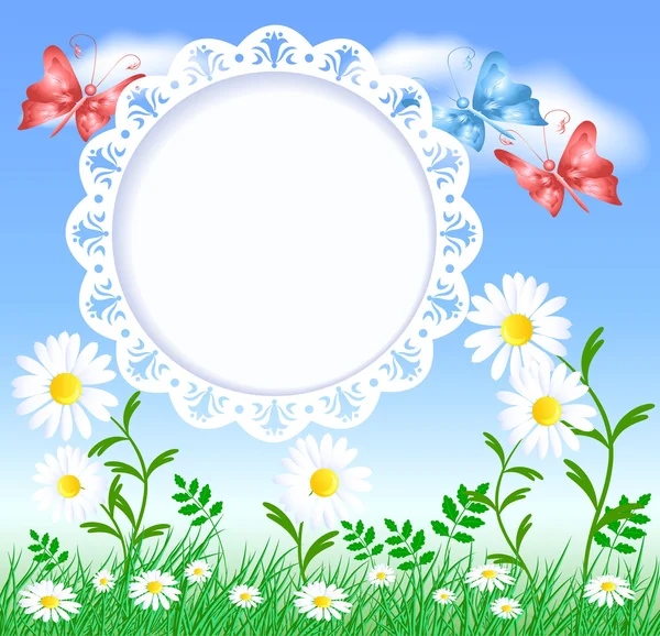 Spring meadow with butterflies, flowers and openwork frame — Stock Vector