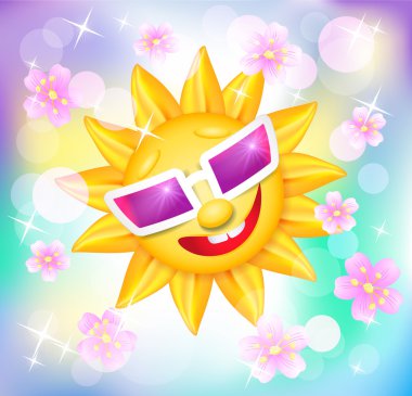 Smiling shines sun in glasses with flowers  clipart