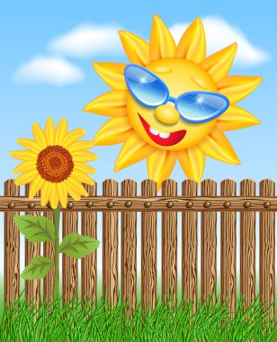 Sun peeks out from a fence and looks at sunflowers vector Sun peeks out from a fence and looks at sunflowers vector