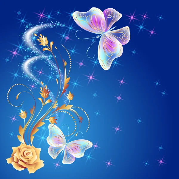 Mariposas transparentes con adorno dorado y brillante cortafuegos — Vector de stock