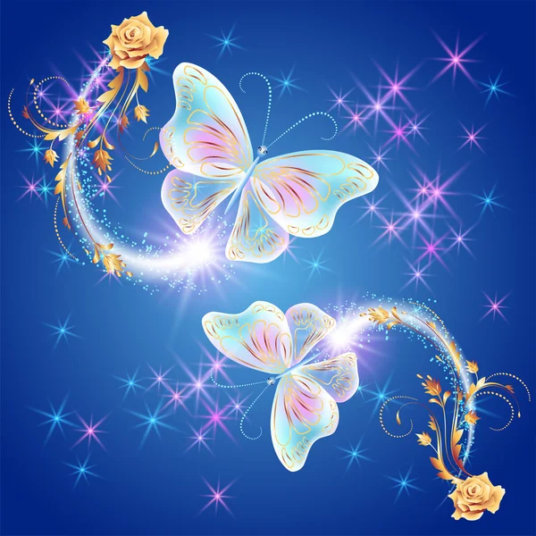 黄金の飾りと輝く firewor 透明な蝶 — ストックベクタ