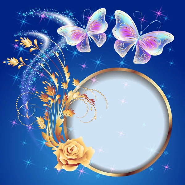 Mariposas transparentes con adorno dorado, marco y firewo — Vector de stock