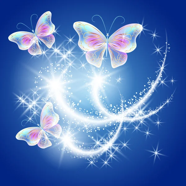 Transparente Schmetterlinge mit goldenem Ornament und Feuerwerk — Stockvektor