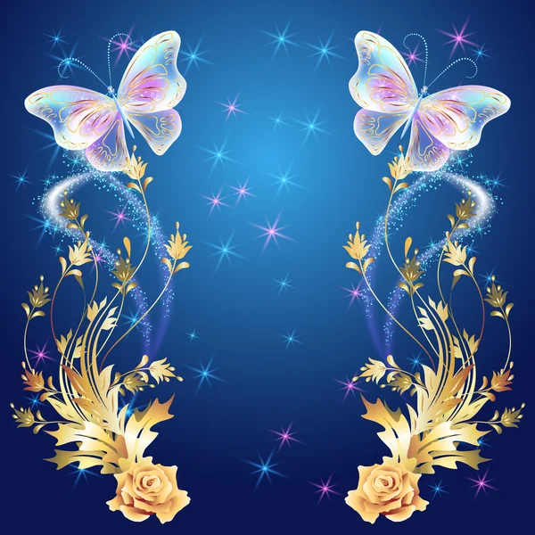 Transparent butterflies with golden ornament and glowing firewor — Stock Vector