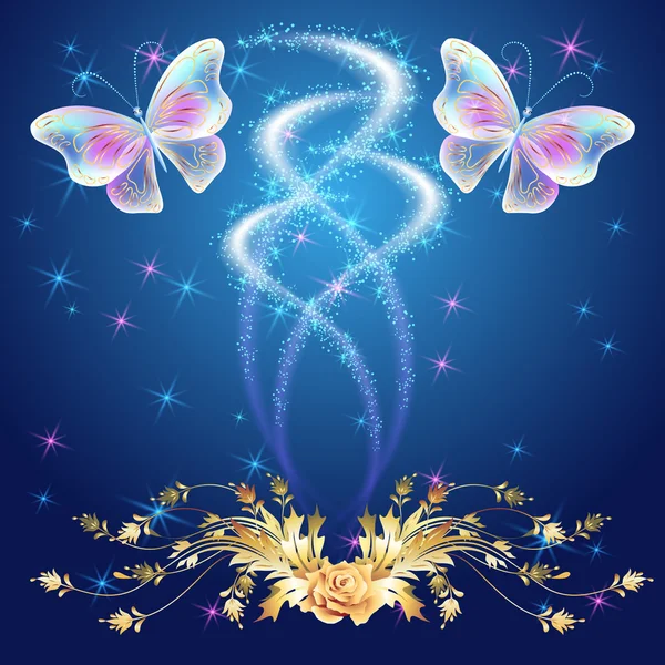 Mariposas transparentes con adorno dorado y brillante cortafuegos — Vector de stock