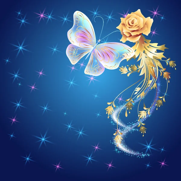 Mariposa transparente con adorno dorado y fuegos artificiales brillantes — Vector de stock