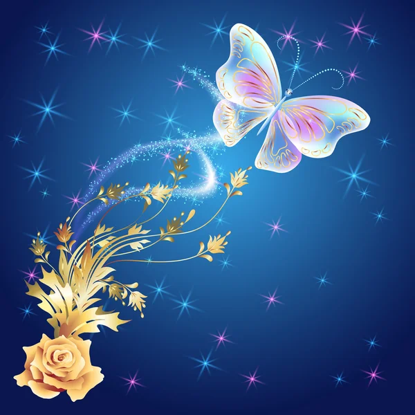 Farfalla trasparente con ornamento dorato e fuochi d'artificio incandescenti — Vettoriale Stock