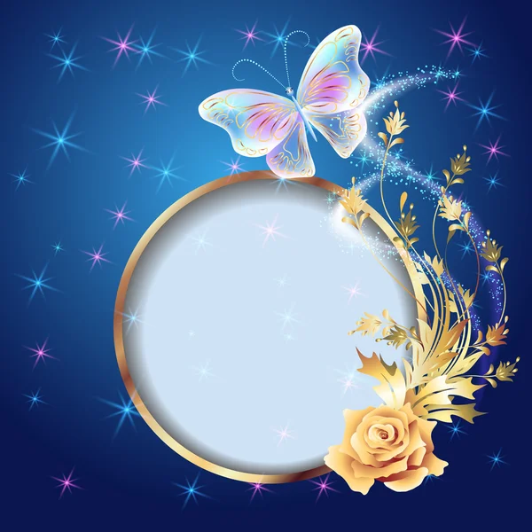 Transparenter Schmetterling mit goldenem Ornament, Rahmen und Feuerwerk — Stockvektor