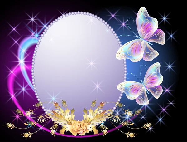 Mariposas transparentes con adorno dorado, marco y firewo — Vector de stock