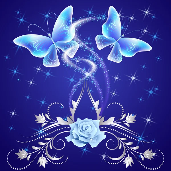 Transparent flying butterflies with silver ornament — Stock Vector