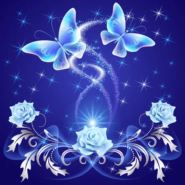 シルバーの飾りと透明な空飛ぶ蝶 — ストックベクタ