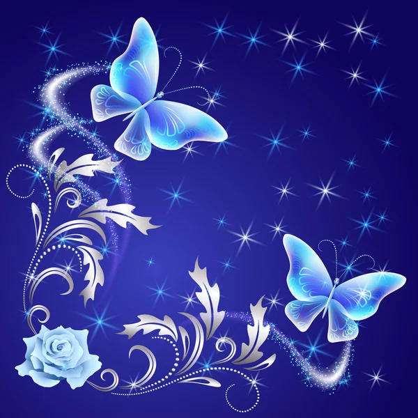 シルバーの飾りと透明な空飛ぶ蝶 — ストックベクタ