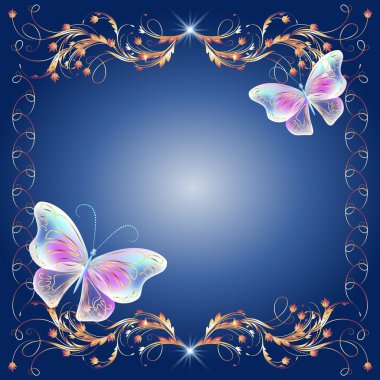 Golden frame with transparent butterflies clipart