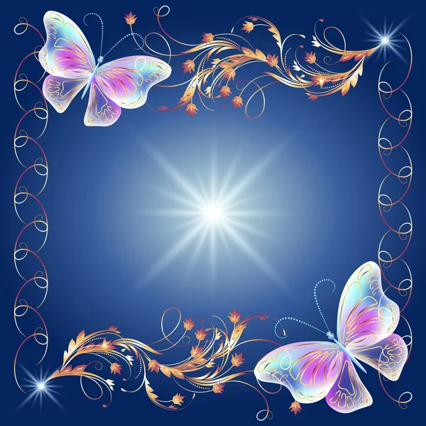 Cadre doré avec des papillons transparents — Image vectorielle