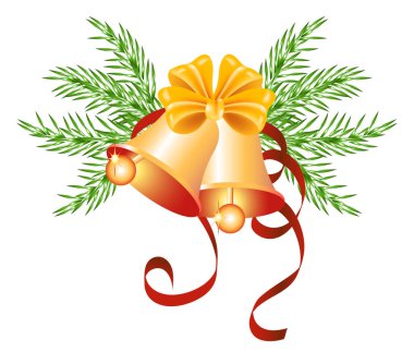 Sarı yaylı ve ladin dallı Noel altın çanları. Yeni Yıl dekoratif unsuru.