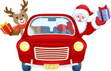 Kırmızı arabadaki Noel Baba hediye kutusu ve geyik yavrusu