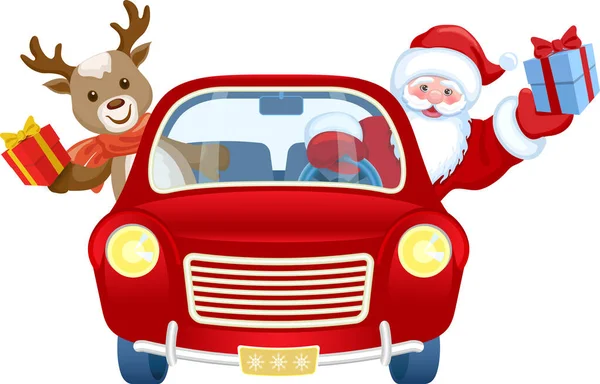 Kırmızı arabadaki Noel Baba hediye kutusu ve geyik yavrusu