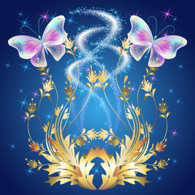 Transparent butterflies with golden ornament and glowing firewor clipart