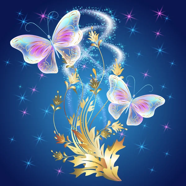 Transparent butterflies with golden ornament and glowing firewor — Stock Vector