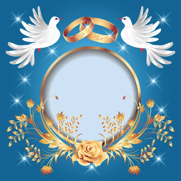 Card with wedding rings  and two doves — Stock Vector