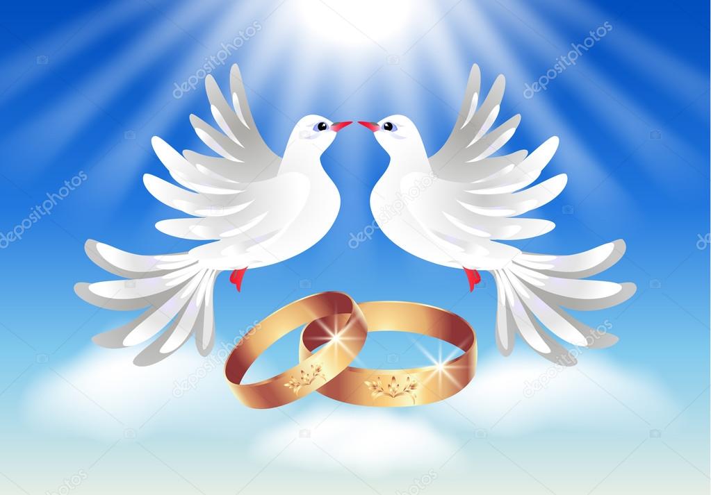 Card with wedding rings and two doves