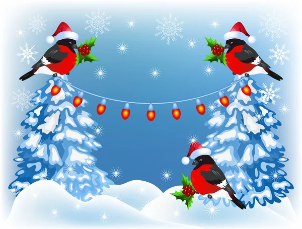 Christmas forest en bullfinches met lantaarn garland — Stockvector