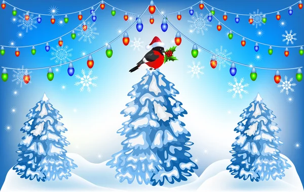 Christmas forest en bullfinches met lantaarn garland — Stockvector