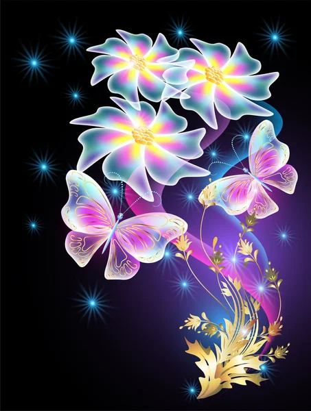 霓虹灯蝴蝶和透明雏菊 — 图库矢量图片