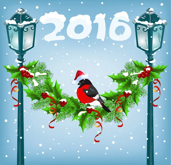 圣诞灯与红腹灰雀在圣诞老人的帽子 — 图库矢量图片