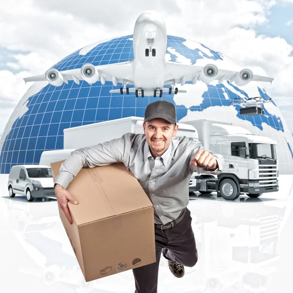 Delivery man and 3d background — Stock Photo, Image