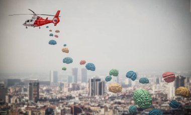 Uçan helikopter beyinleri şehrin üzerine dağıtıyor. 3 boyutlu görüntüleme. Etrafta kimse yok..