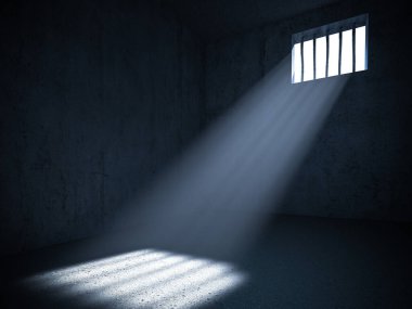 Interior of a prison with light from a barred window. 3d render. concept of deprivation of liberty. clipart