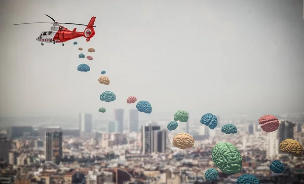Helicóptero Volador Despliega Cerebros Sobre Ciudad Render Nadie Alrededor —  Fotos de Stock