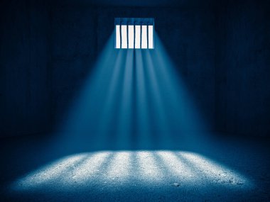 Hapishanenin içinde, parmaklıklı bir pencereden gelen ışık. 3 boyutlu görüntüleme. Özgürlüğün yoksunluğu kavramı.