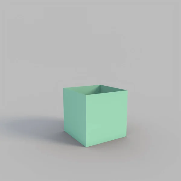 Άδειο Πράσινο Κουτί Σχήμα Κύβου Γκρι Φόντο Απόδοση — Φωτογραφία Αρχείου