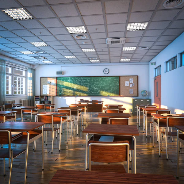 Interior Uma Sala Aula Escola Piso Madeira Mesas Conceito Educação — Fotografia de Stock